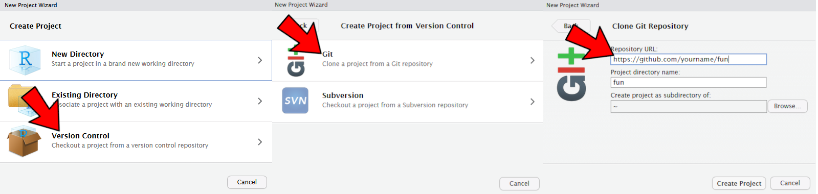 RStudio three steps to create project