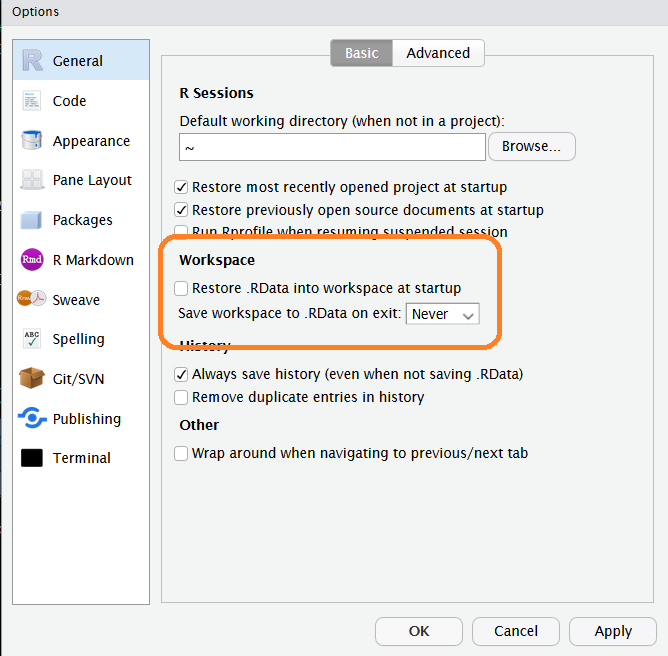 <small><i>RStudio global options to not save and restore workspaces</i></small>